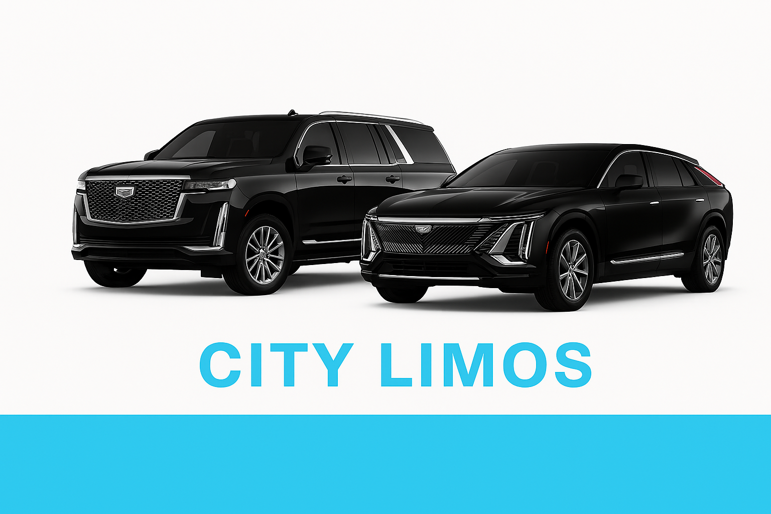 Black Cadillac Escalade and Lyriq side-by-side on white and light blue background for City Limos FAQ page