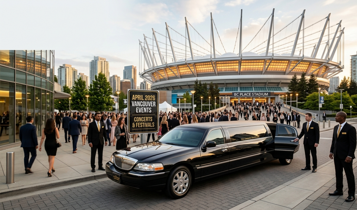 Luxury black stretch limousine with chauffeurs parked outside BC Place Stadium in Vancouver for April 2026 concerts and events